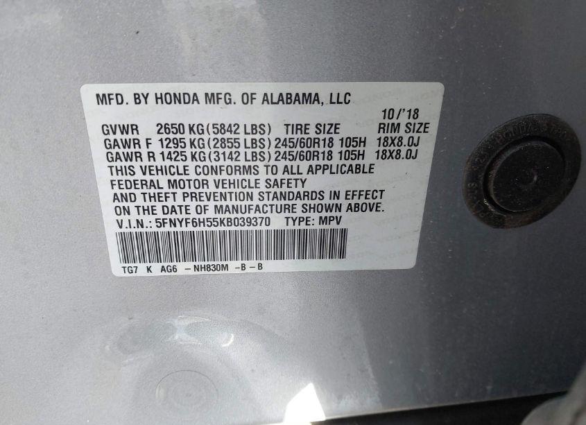 Photo 9 of 2019 Honda Pilot EX-L (VIN 5FNYF6H55KB039370)