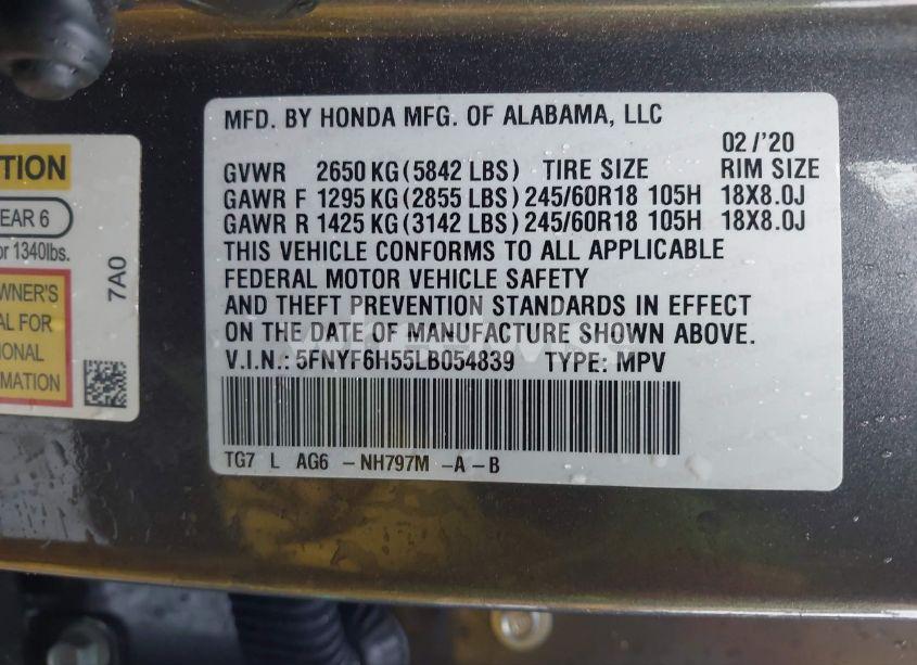 Photo 9 of 2020 Honda Pilot AWD EX-L (VIN 5FNYF6H55LB054839)