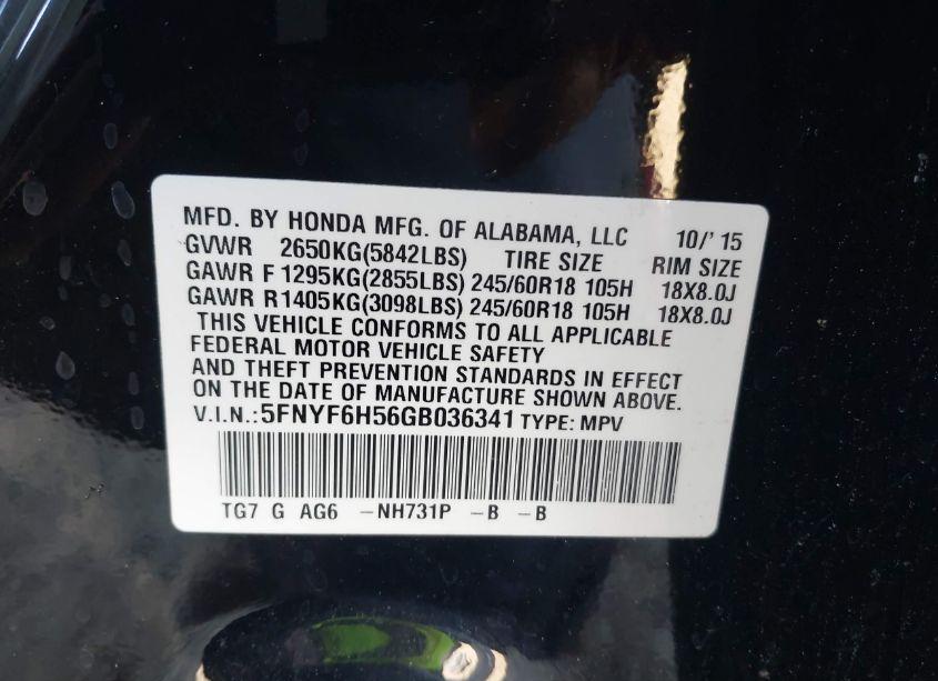 Photo 9 of 2016 Honda Pilot EX-L (VIN 5FNYF6H56GB036341)