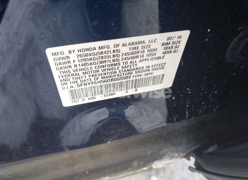 Photo 9 of 2016 Honda Pilot EX-L (VIN 5FNYF6H56GB065502)