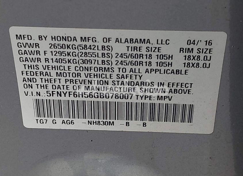 Photo 9 of 2016 Honda Pilot EX-L (VIN 5FNYF6H56GB078007)