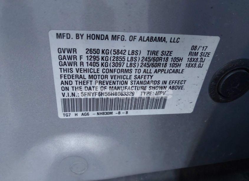 Photo 9 of 2017 Honda Pilot EX-L (VIN 5FNYF6H56HB063329)