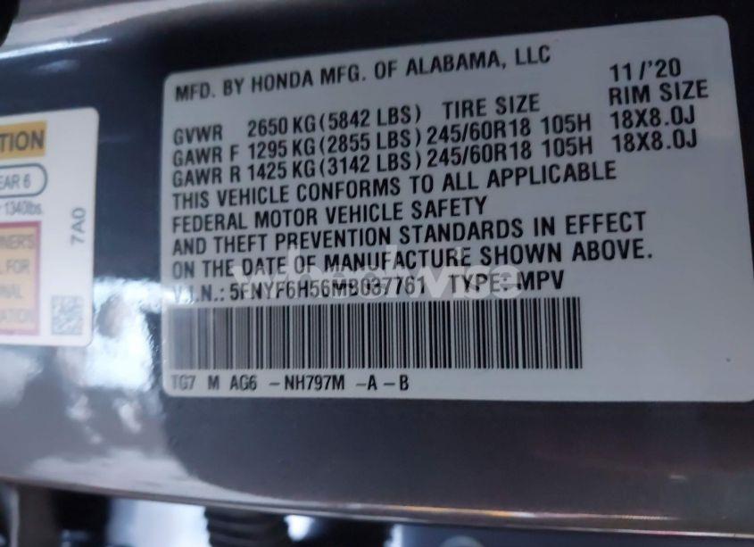 Photo 9 of 2021 Honda Pilot AWD EX-L (VIN 5FNYF6H56MB037761)