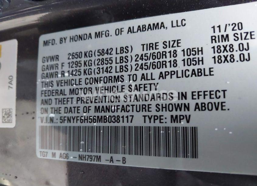 Photo 9 of 2021 Honda Pilot AWD EX-L (VIN 5FNYF6H56MB038117)
