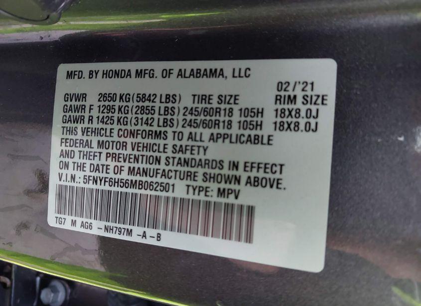 Photo 9 of 2021 Honda Pilot AWD EX-L (VIN 5FNYF6H56MB062501)