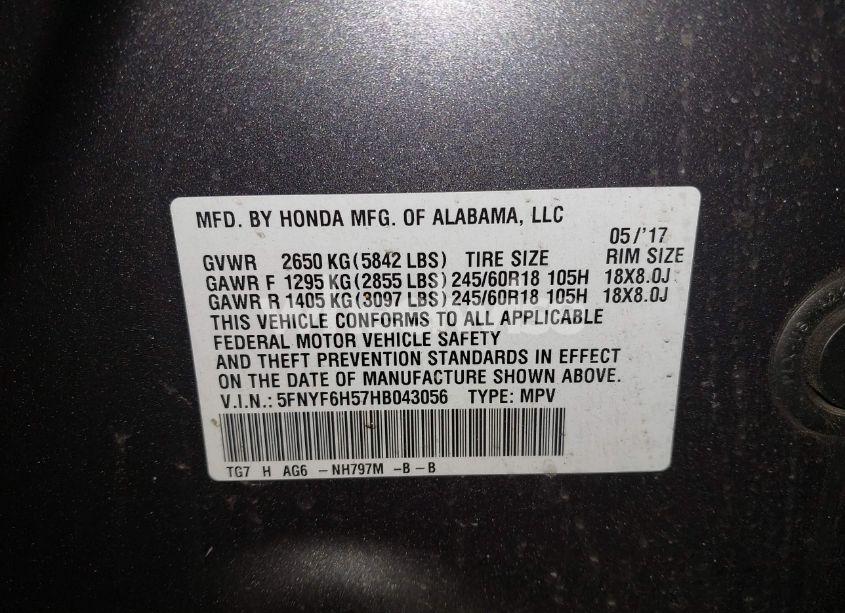 Photo 9 of 2017 Honda Pilot EX-L (VIN 5FNYF6H57HB043056)