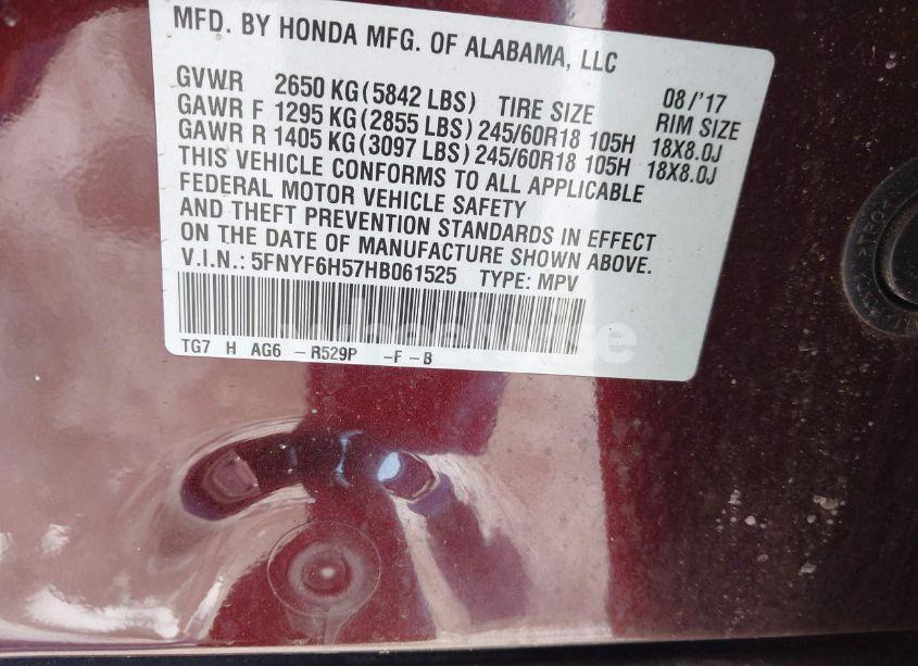 Photo 9 of 2017 Honda Pilot EX-L (VIN 5FNYF6H57HB061525)