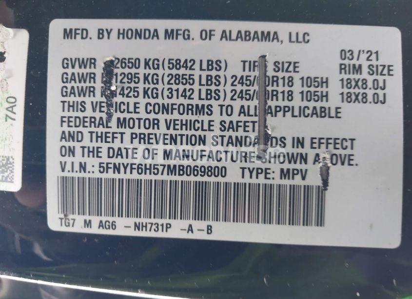 Photo 9 of 2021 Honda Pilot AWD EX-L (VIN 5FNYF6H57MB069800)