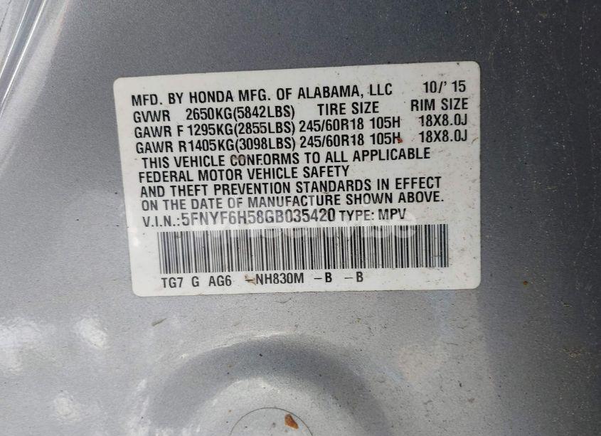 Photo 9 of 2016 Honda Pilot EX-L (VIN 5FNYF6H58GB035420)