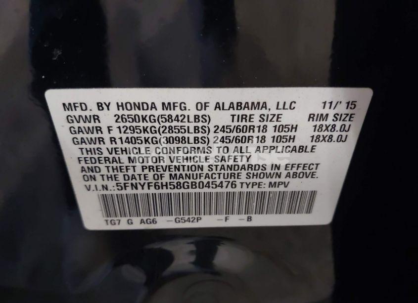 Photo 9 of 2016 Honda Pilot EX-L (VIN 5FNYF6H58GB045476)