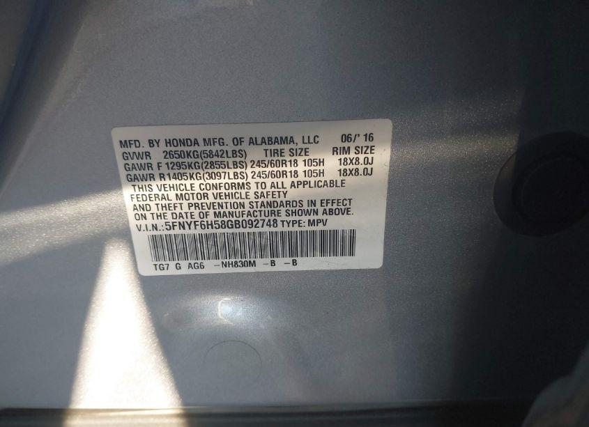 Photo 9 of 2016 Honda Pilot EX-L (VIN 5FNYF6H58GB092748)