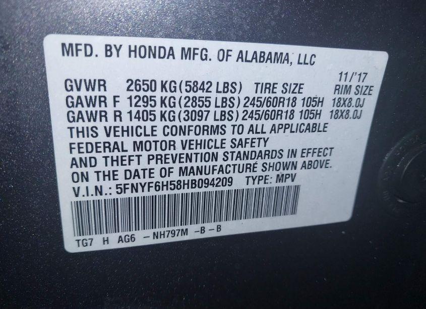 Photo 9 of 2017 Honda Pilot EX-L (VIN 5FNYF6H58HB094209)