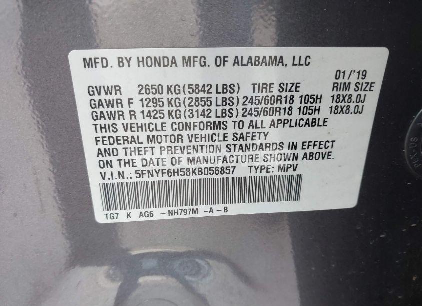 Photo 9 of 2019 Honda Pilot EX-L (VIN 5FNYF6H58KB056857)