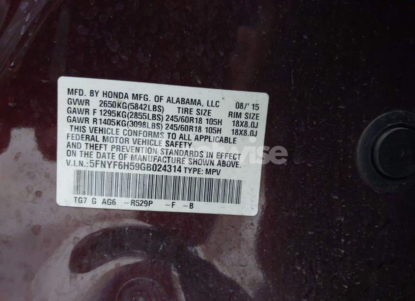 Photo 9 of 2016 Honda Pilot EX-L (VIN 5FNYF6H59GB024314)