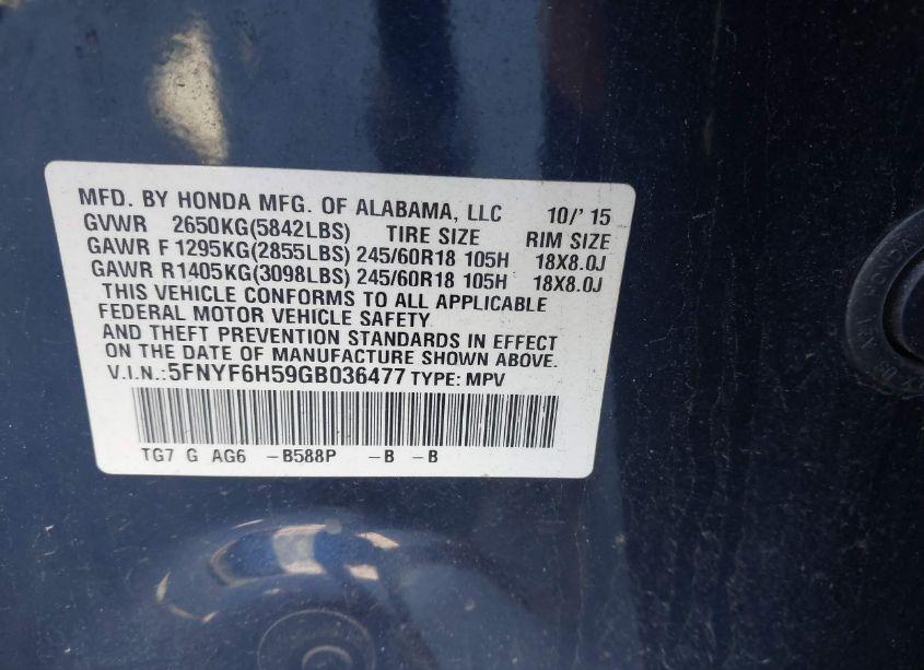 Photo 9 of 2016 Honda Pilot EX-L (VIN 5FNYF6H59GB036477)