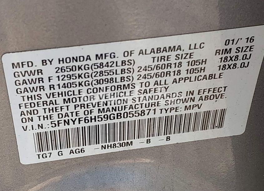 Photo 9 of 2016 Honda Pilot EX-L (VIN 5FNYF6H59GB055871)