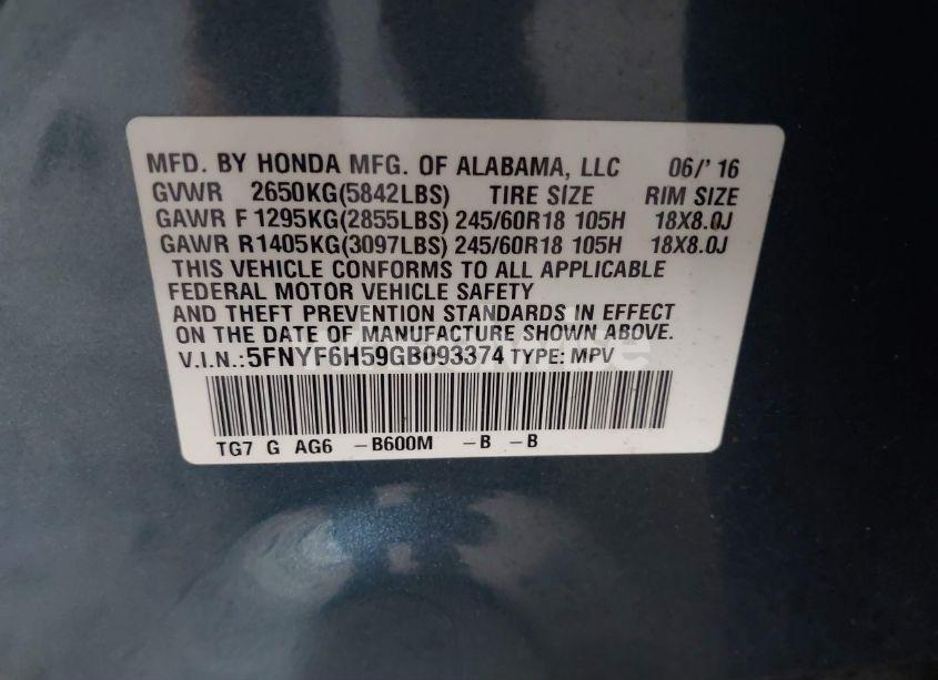 Photo 9 of 2016 Honda Pilot EX-L (VIN 5FNYF6H59GB093374)