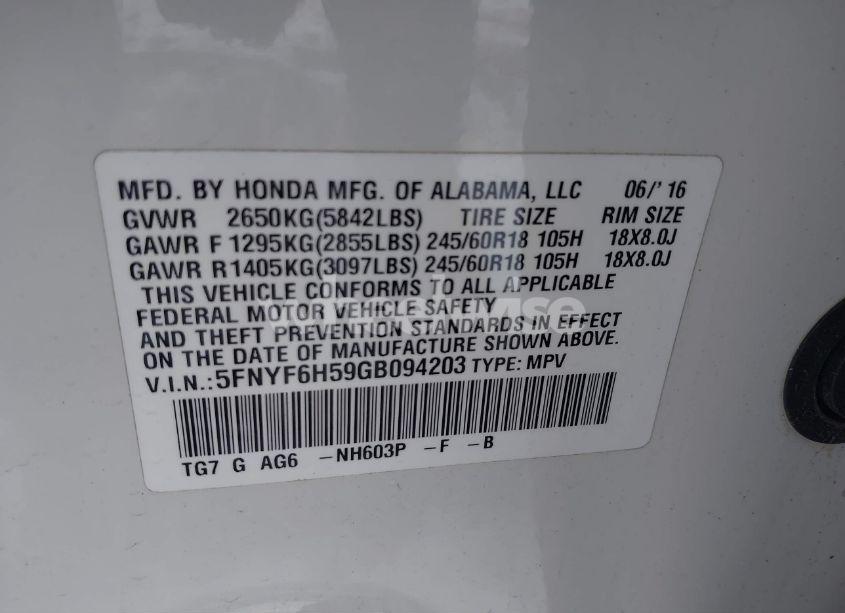 Photo 9 of 2016 Honda Pilot EX-L (VIN 5FNYF6H59GB094203)