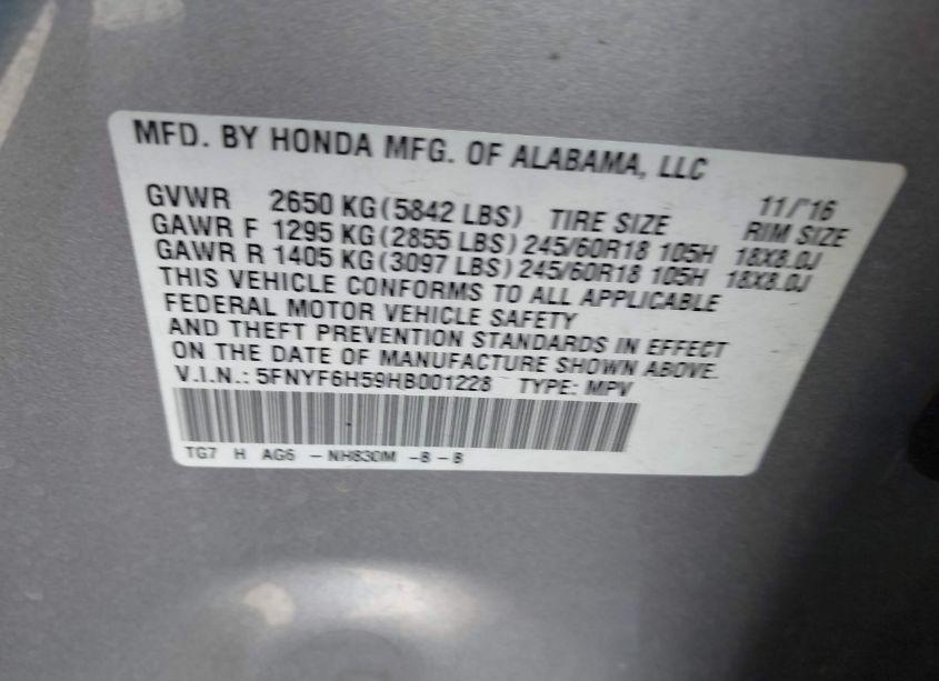 Photo 9 of 2017 Honda Pilot EX-L (VIN 5FNYF6H59HB001228)