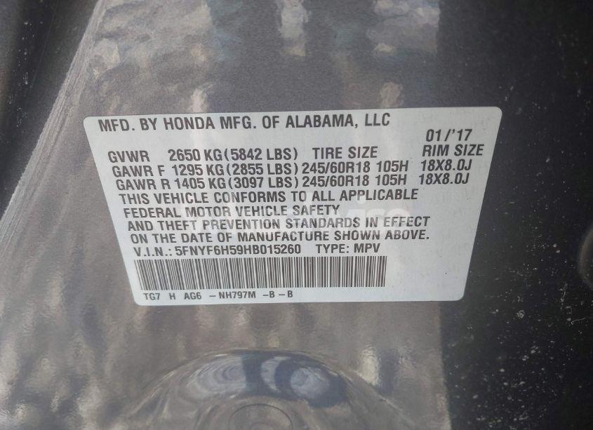 Photo 9 of 2017 Honda Pilot EX-L (VIN 5FNYF6H59HB015260)