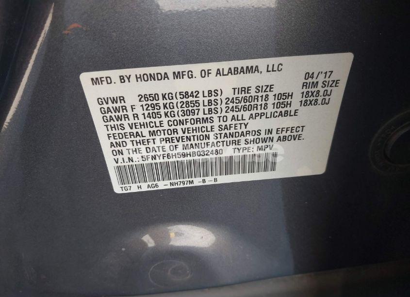 Photo 9 of 2017 Honda Pilot EX-L (VIN 5FNYF6H59HB032480)