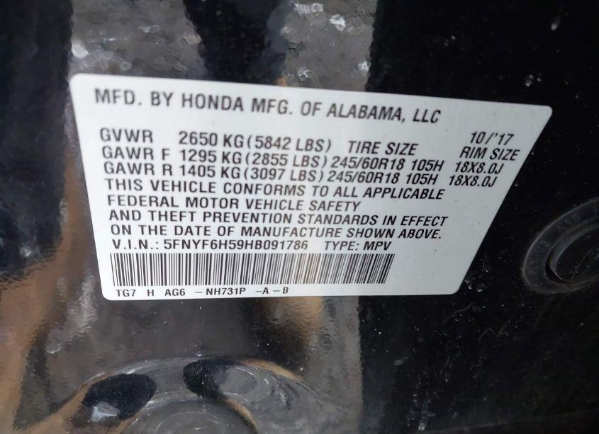 Photo 9 of 2017 Honda Pilot EX-L (VIN 5FNYF6H59HB091786)