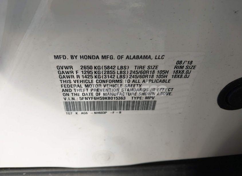 Photo 9 of 2019 Honda Pilot EX-L (VIN 5FNYF6H59KB015363)