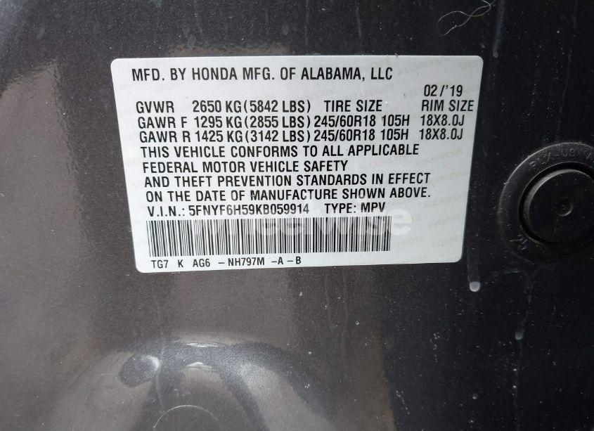 Photo 9 of 2019 Honda Pilot EX-L (VIN 5FNYF6H59KB059914)