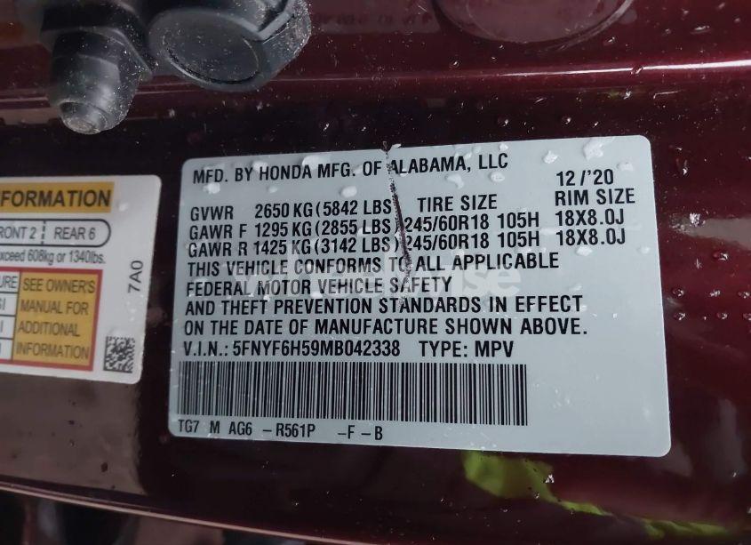 Photo 9 of 2021 Honda Pilot AWD EX-L (VIN 5FNYF6H59MB042338)