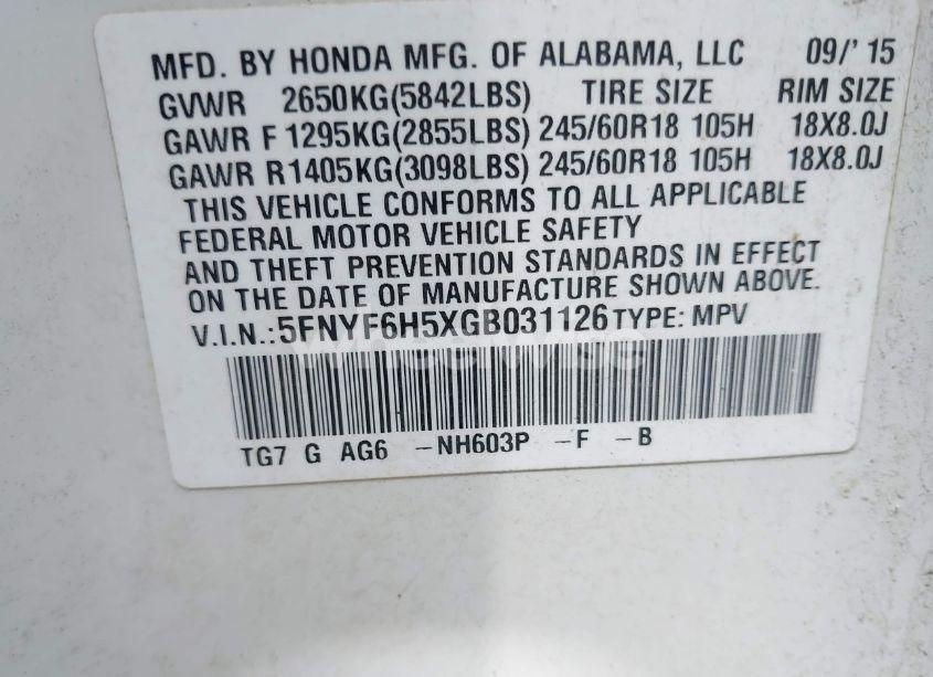 Photo 9 of 2016 Honda Pilot EX-L (VIN 5FNYF6H5XGB031126)