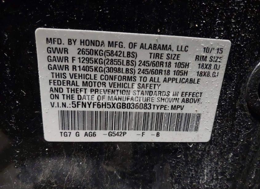 Photo 9 of 2016 Honda Pilot EX-L (VIN 5FNYF6H5XGB036083)