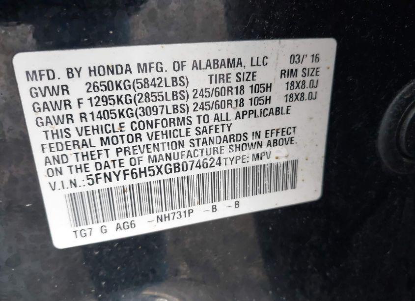 Photo 9 of 2016 Honda Pilot EX-L (VIN 5FNYF6H5XGB074624)