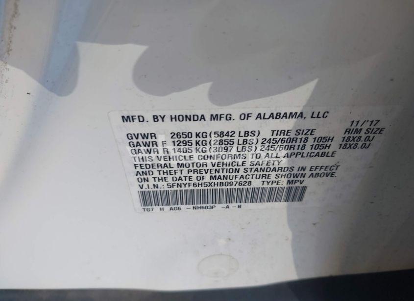 Photo 9 of 2017 Honda Pilot EX-L (VIN 5FNYF6H5XHB097628)