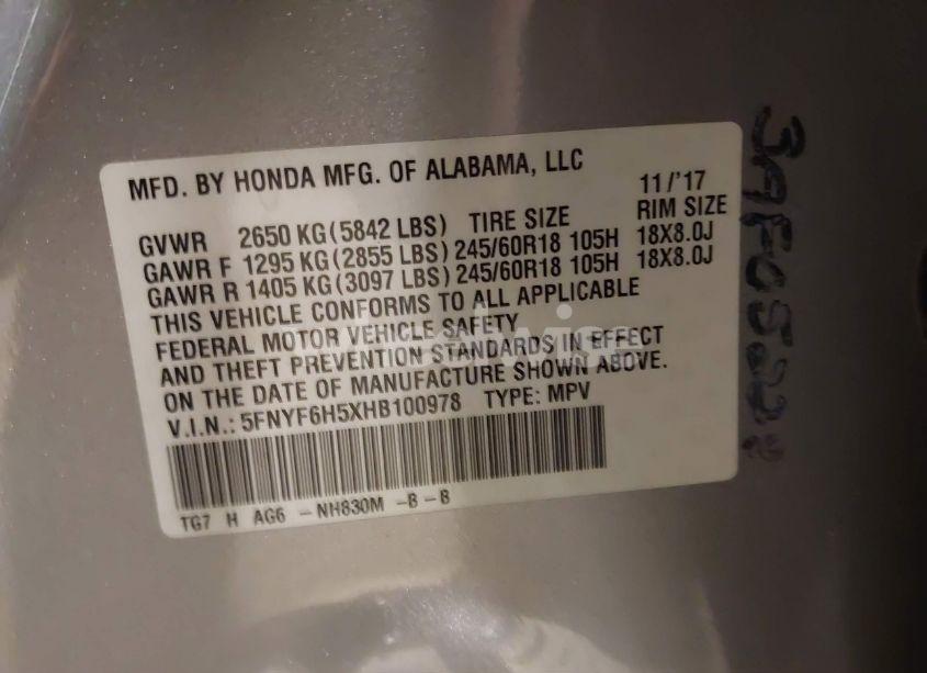 Photo 9 of 2017 Honda Pilot EX-L (VIN 5FNYF6H5XHB100978)