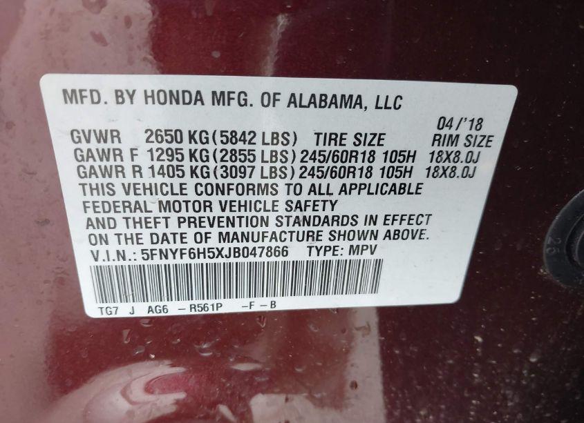 Photo 9 of 2018 Honda Pilot EX-L (VIN 5FNYF6H5XJB047866)