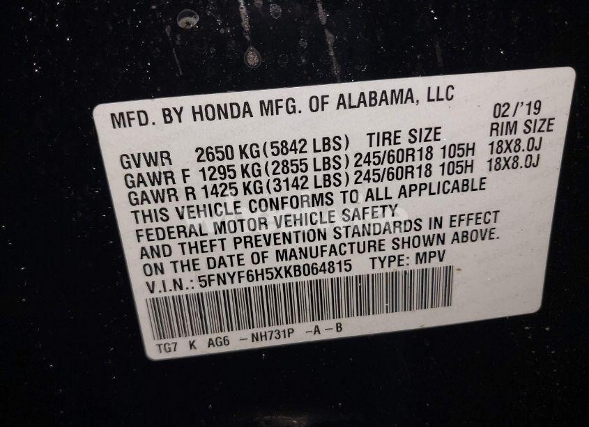 Photo 9 of 2019 Honda Pilot EX-L (VIN 5FNYF6H5XKB064815)