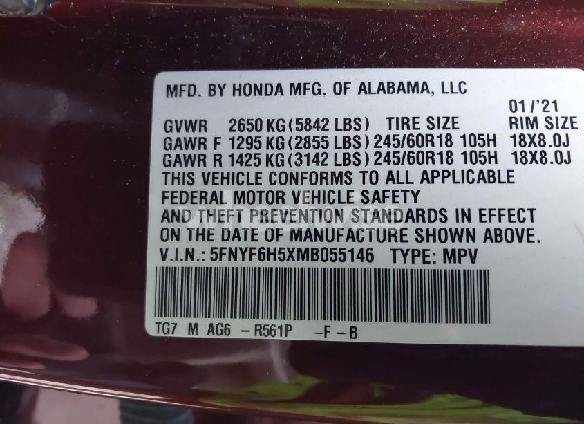 Photo 9 of 2021 Honda Pilot AWD EX-L (VIN 5FNYF6H5XMB055146)