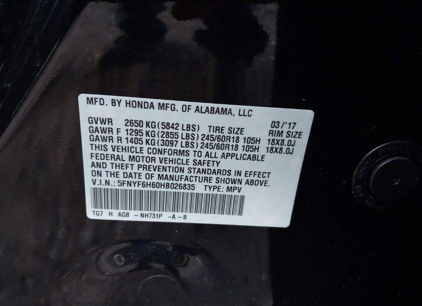 Photo 9 of 2017 Honda Pilot EX-L (VIN 5FNYF6H60HB026835)