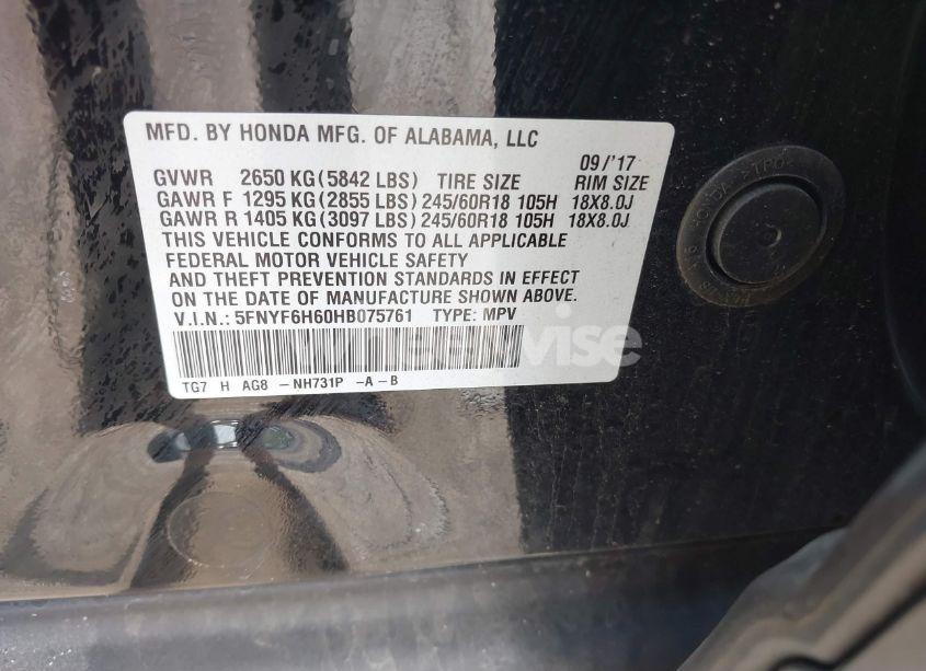 Photo 9 of 2017 Honda Pilot EX-L (VIN 5FNYF6H60HB075761)