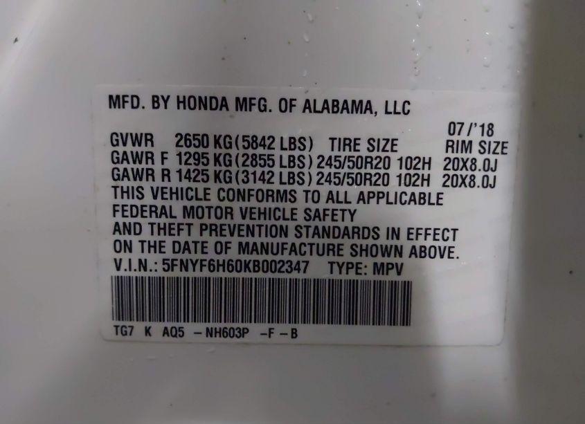 Photo 9 of 2019 Honda Pilot TOURING (VIN 5FNYF6H60KB002347)