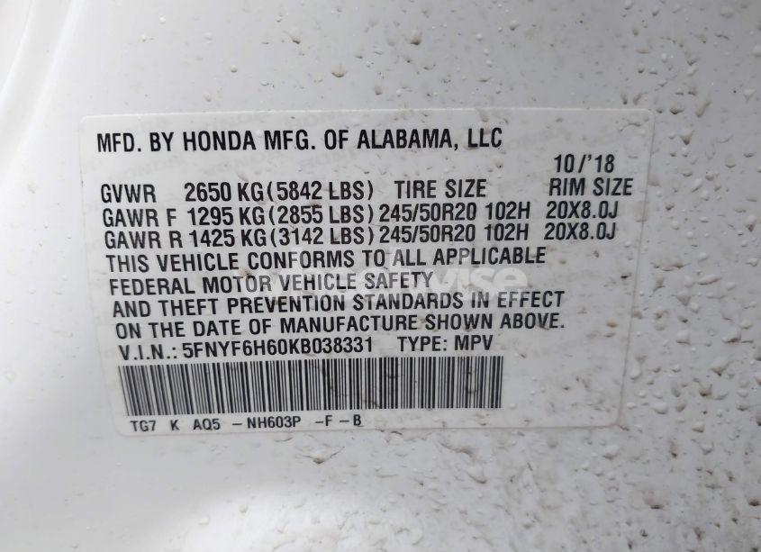 Photo 9 of 2019 Honda Pilot TOURING (VIN 5FNYF6H60KB038331)