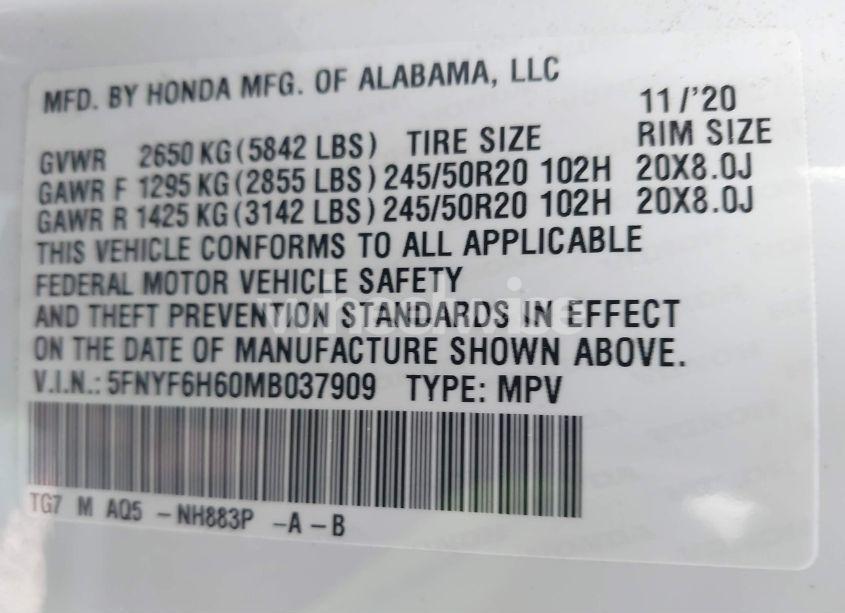 Photo 9 of 2021 Honda Pilot AWD TOURING 7 PASSENGER (VIN 5FNYF6H60MB037909)