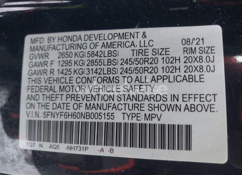 Photo 9 of 2022 Honda Pilot AWD TOURING 7 PASSENGER (VIN 5FNYF6H60NB005155)