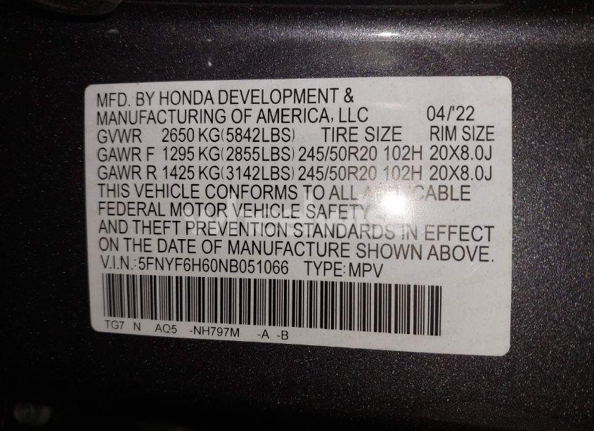 Photo 9 of 2022 Honda Pilot AWD TOURING 7 PASSENGER (VIN 5FNYF6H60NB051066)