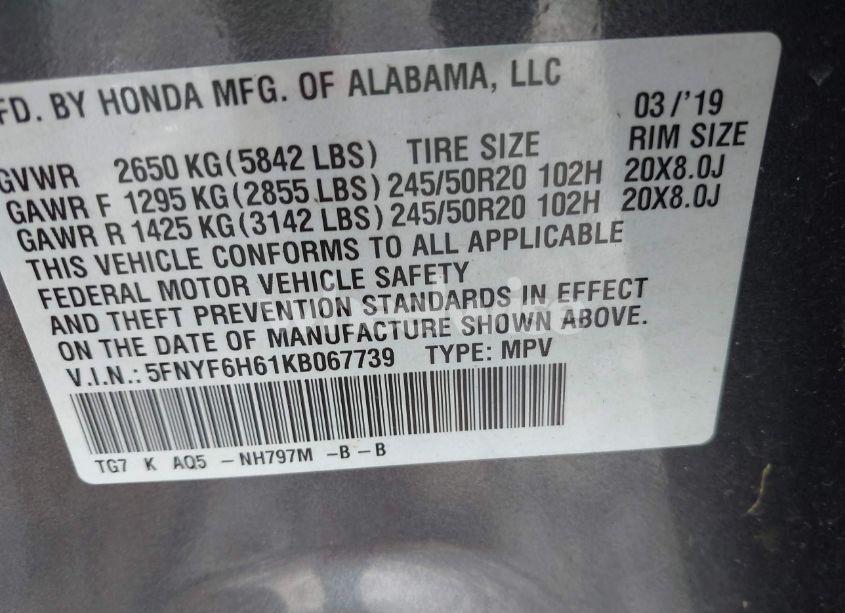 Photo 9 of 2019 Honda Pilot TOURING (VIN 5FNYF6H61KB067739)