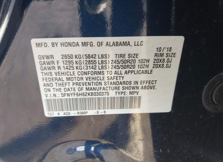 Photo 9 of 2019 Honda Pilot TOURING (VIN 5FNYF6H62KB030375)