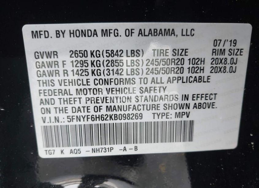 Photo 9 of 2019 Honda Pilot TOURING (VIN 5FNYF6H62KB098269)