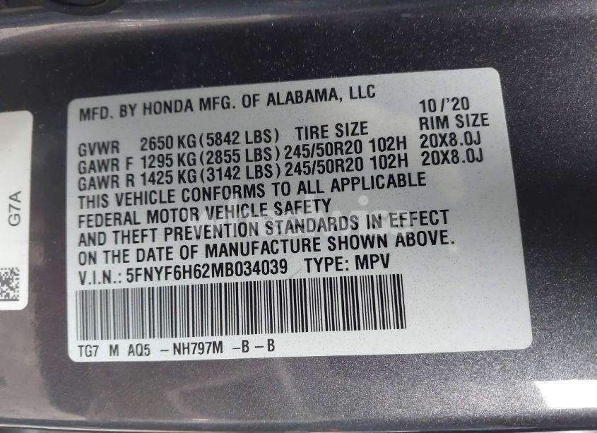 Photo 9 of 2021 Honda Pilot AWD TOURING 7 PASSENGER (VIN 5FNYF6H62MB034039)