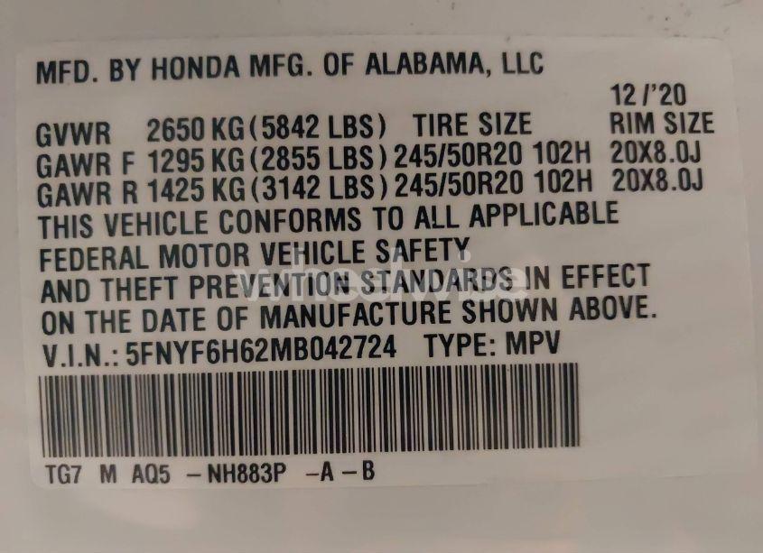 Photo 9 of 2021 Honda Pilot AWD TOURING 7 PASSENGER (VIN 5FNYF6H62MB042724)