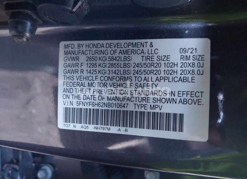 Photo 9 of 2022 Honda Pilot AWD TOURING 7 PASSENGER (VIN 5FNYF6H62NB010647)